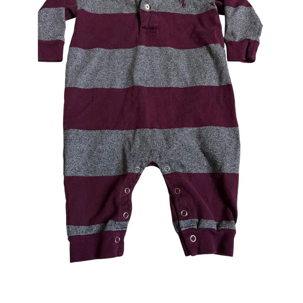 Polo Ralph Lauren Striped Cotton Jersey Rugby Coverall (Maroon & Grey) - Small